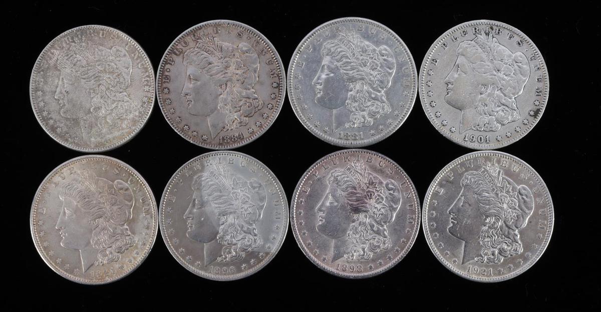 8 BETTER GRADE & DATE MORGAN SILVER DOLLAR COINS