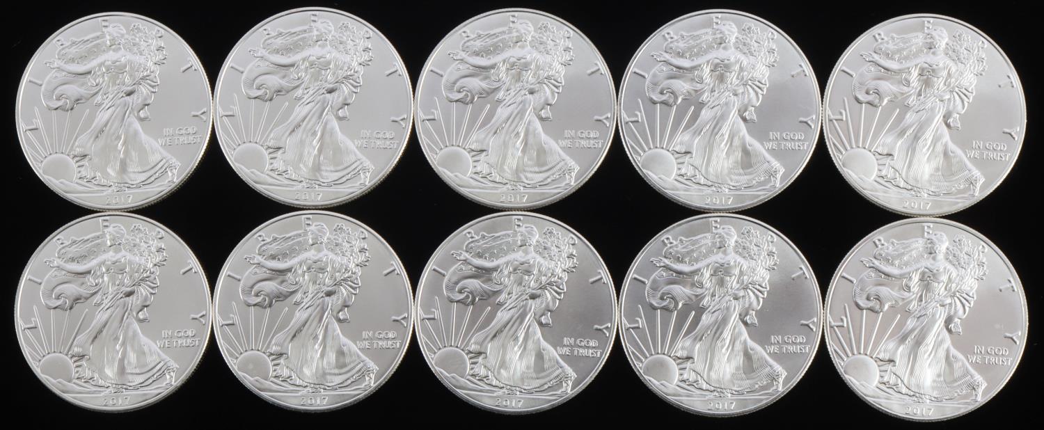 LOT 10 AMERICAN EAGLE 1 OZ SILVER DOLLAR COINS