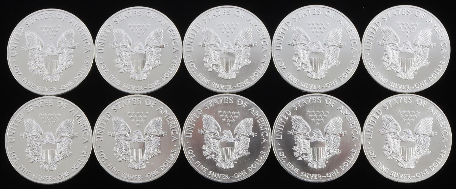 LOT 10 AMERICAN EAGLE 1 OZ SILVER DOLLAR COINS