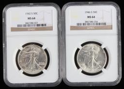 1942 S & 1946 S 50C WALKING LIBERTY NGC MS 64 HALF
