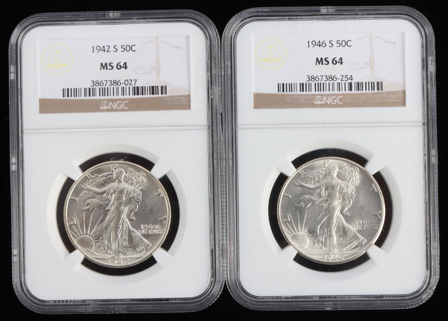 1942 S & 1946 S 50C WALKING LIBERTY NGC MS 64 HALF