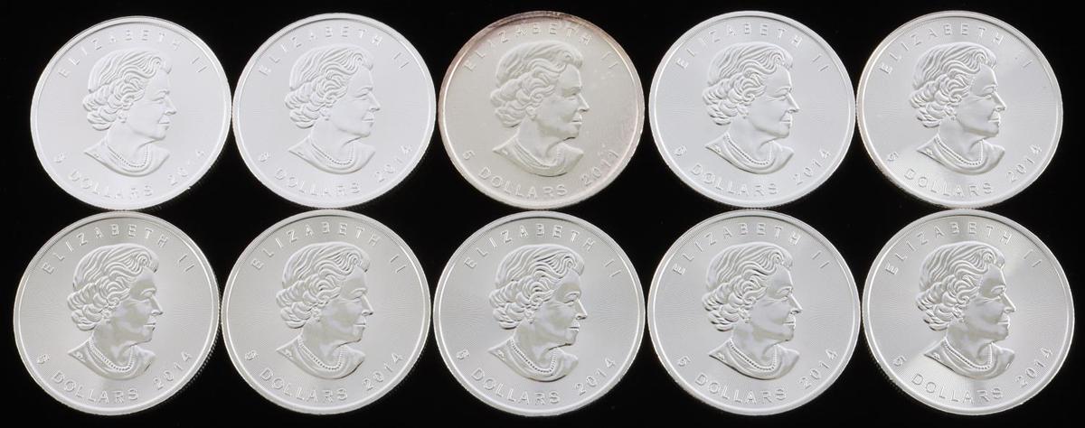 10 MIX DATE CANADA SILVER MAPLE LEAF .999 FINE LOT
