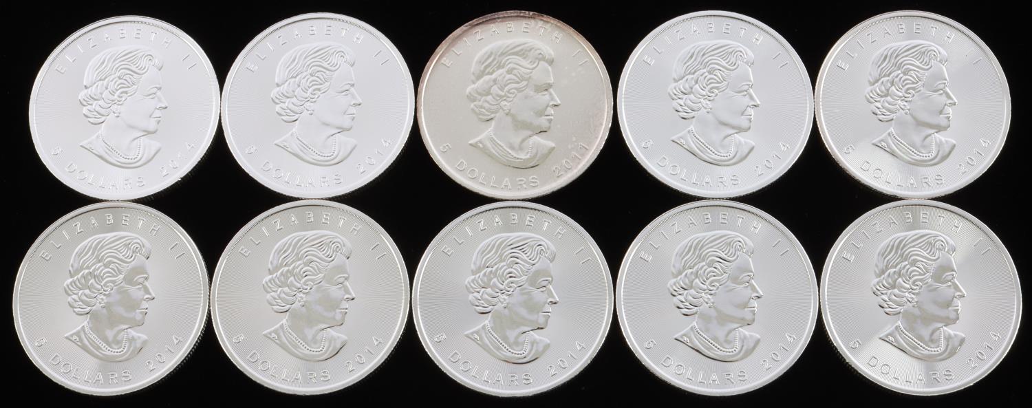 10 MIX DATE CANADA SILVER MAPLE LEAF .999 FINE LOT