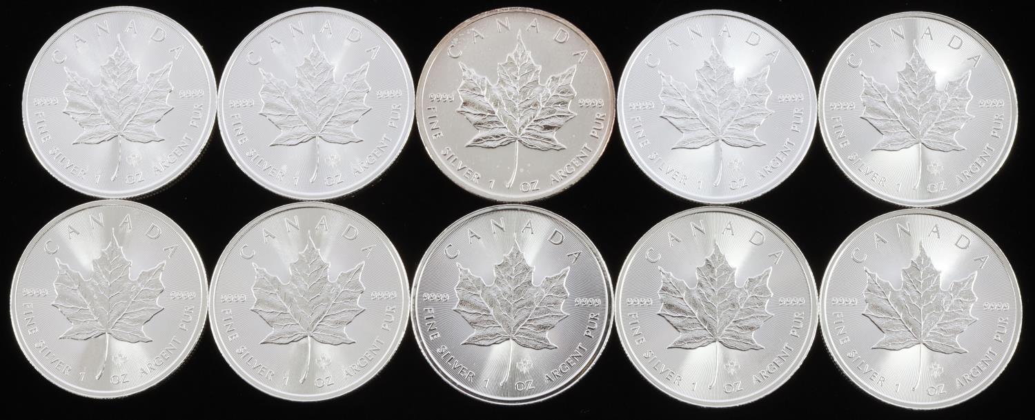 10 MIX DATE CANADA SILVER MAPLE LEAF .999 FINE LOT
