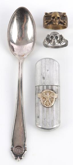 4 WWII GERMAN RIECH SS SILVER RING & FIELD LIGHTER