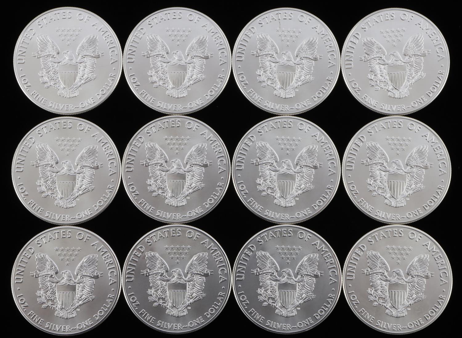 1 OZ AMERICAN SILVER EAGLE $1 COINS LOT OF 12