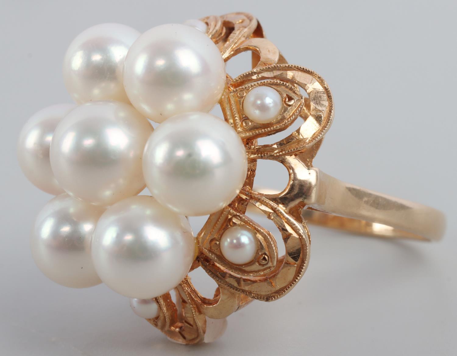 14K YELLOW GOLD PEARL ANTIQUE CLUSTER RING