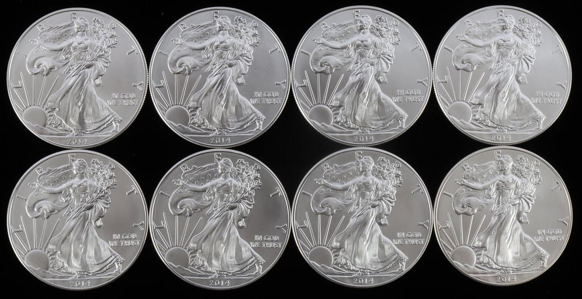 LOT OF 8 1 OZ AMERICAN SILVER EAGLE $1 COINS