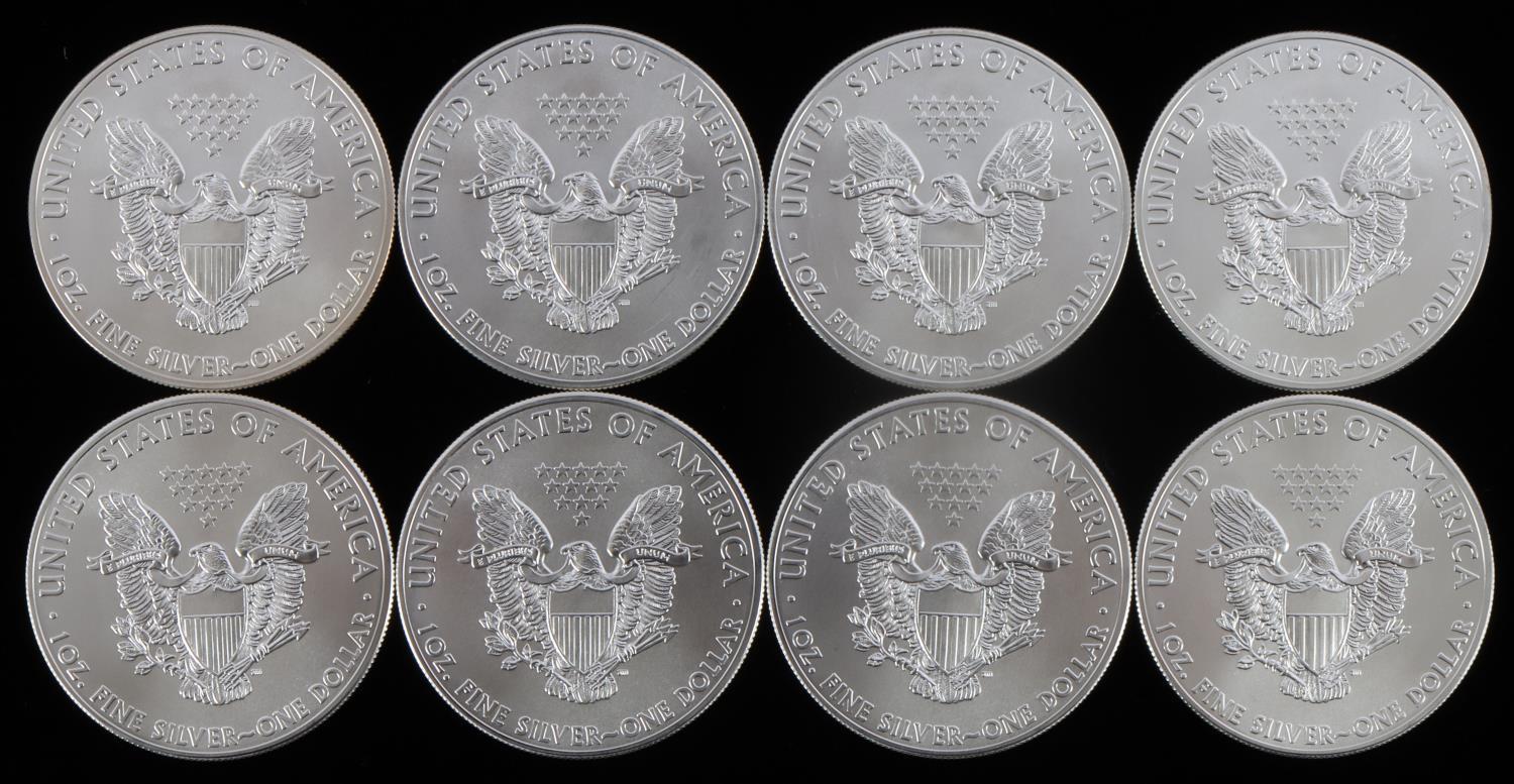 LOT OF 8 1 OZ AMERICAN SILVER EAGLE $1 COINS