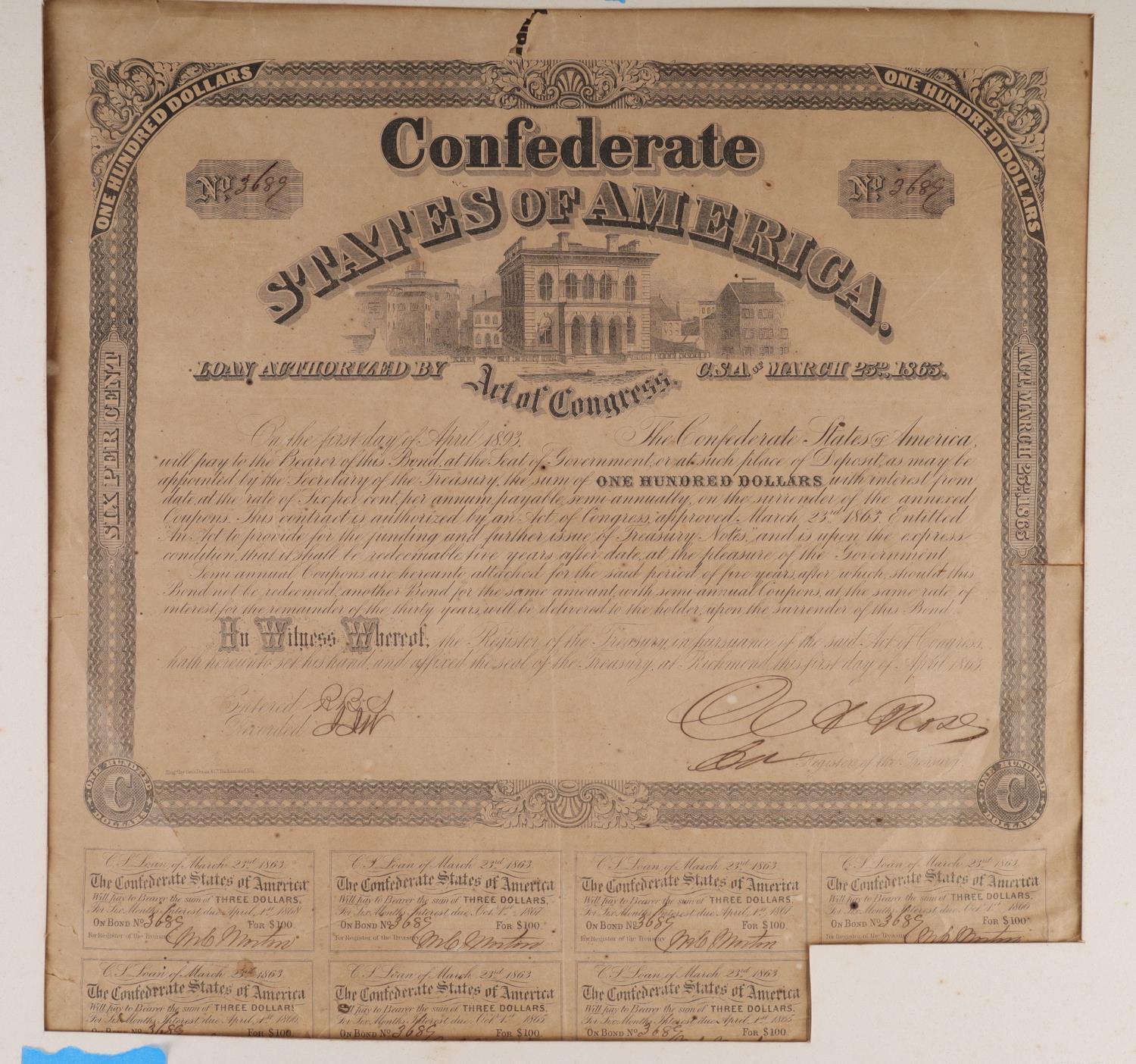 1863 CONFEDERATE STATES OF AMERICA $100 BOND SHEET