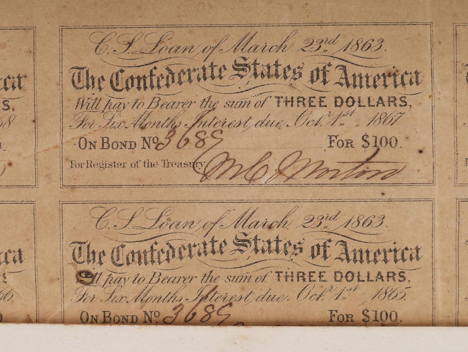 1863 CONFEDERATE STATES OF AMERICA $100 BOND SHEET