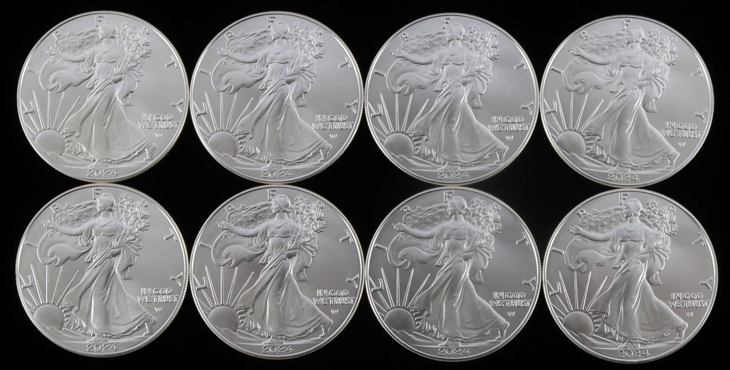 EIGHT 1 OZ AMERICAN SILVER EAGLE $1 COINS 2024