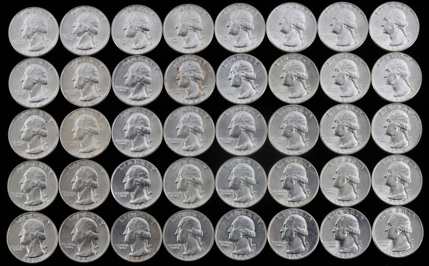 FORTY 90% SILVER COINS WASHINGTON QUARTERS BU