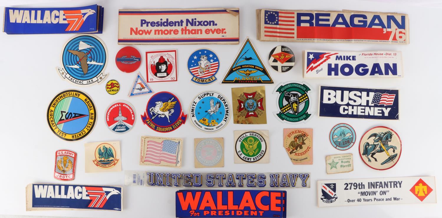 LOT OF 66 POLITICAL AND MILITARY BUMPER STICKERS