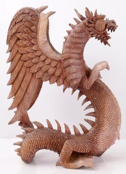HAND CARVED WOODEN CHINESE GUARDIAN DRAGON
