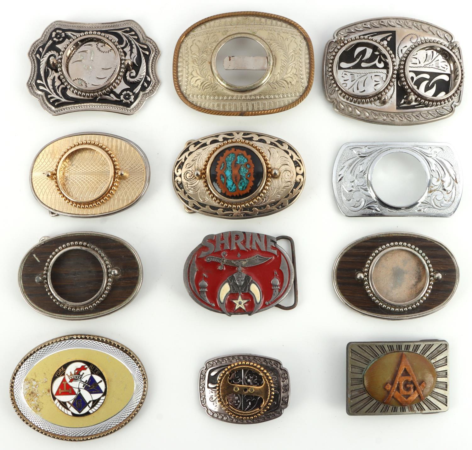 LOT OF BELT BUCKLES 3  MASONIC & 9 BEZELED