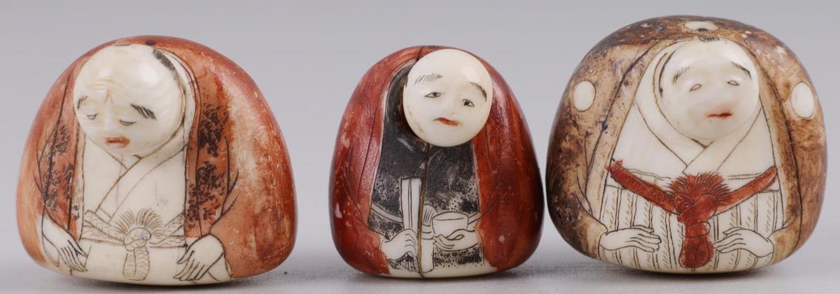 3 MEIJI PERIOD JAPAN BOBBLE HEAD SCHOLAR NETSUKE