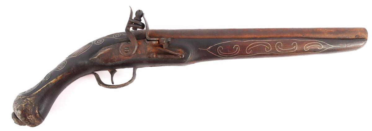 ANTIQUE FLINTLOCK SILVER INLAY PISTOL