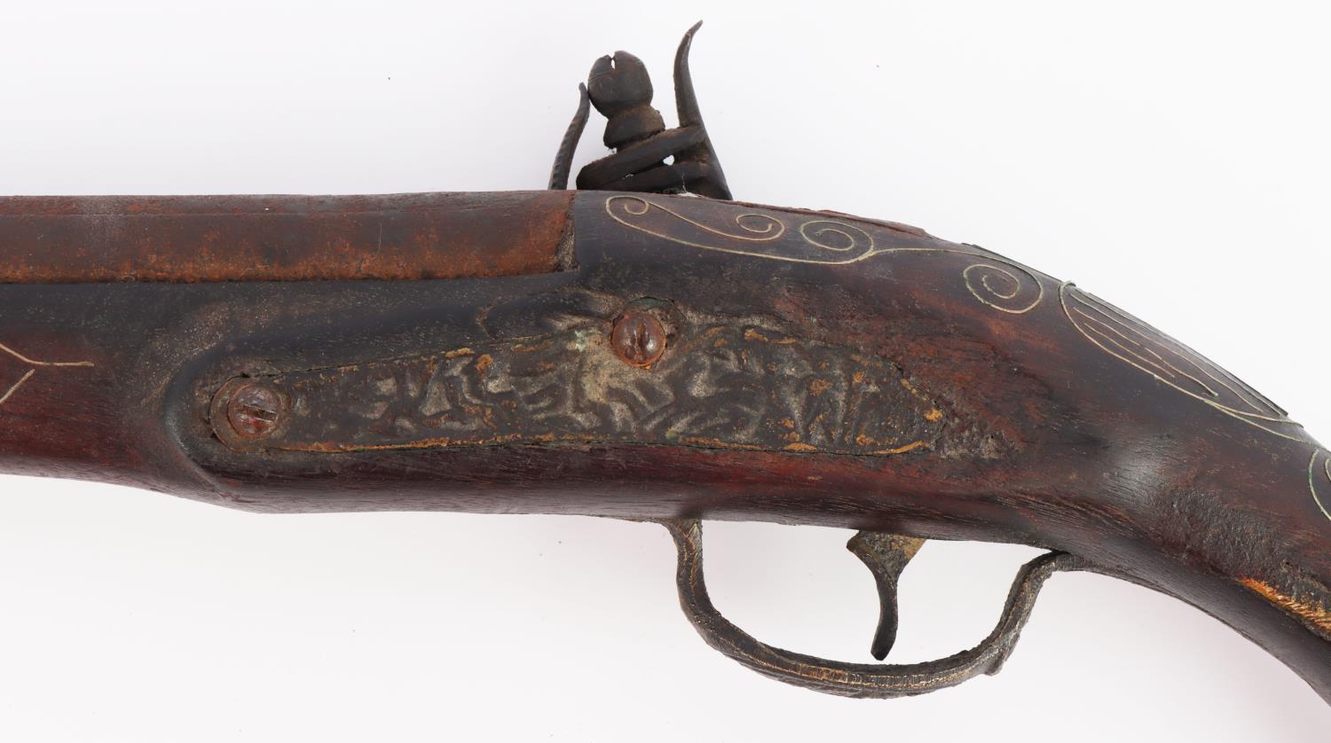 ANTIQUE FLINTLOCK SILVER INLAY PISTOL