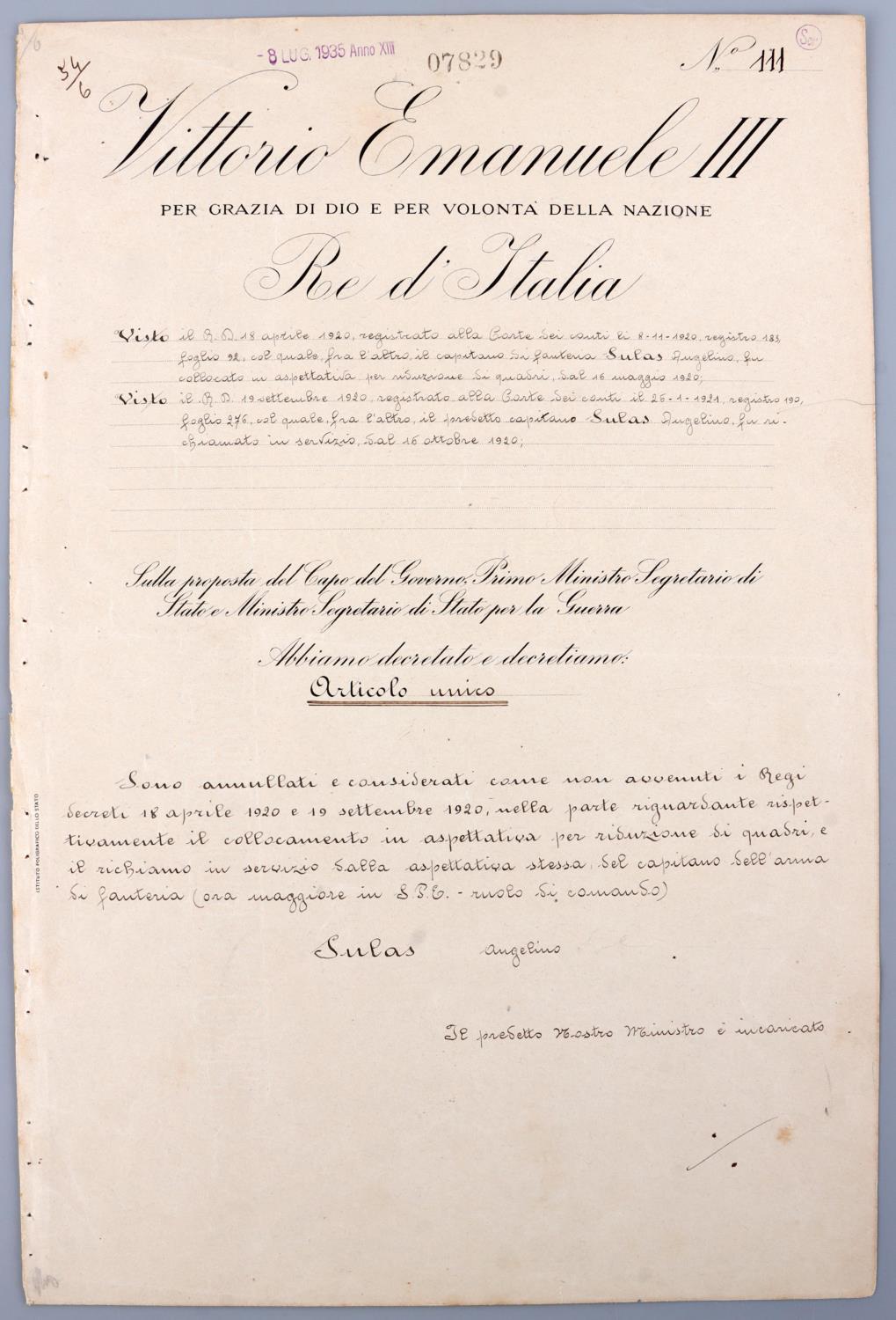 BENITO MUSSOLINI VICTOR EMANUELE SIGNED CITATION