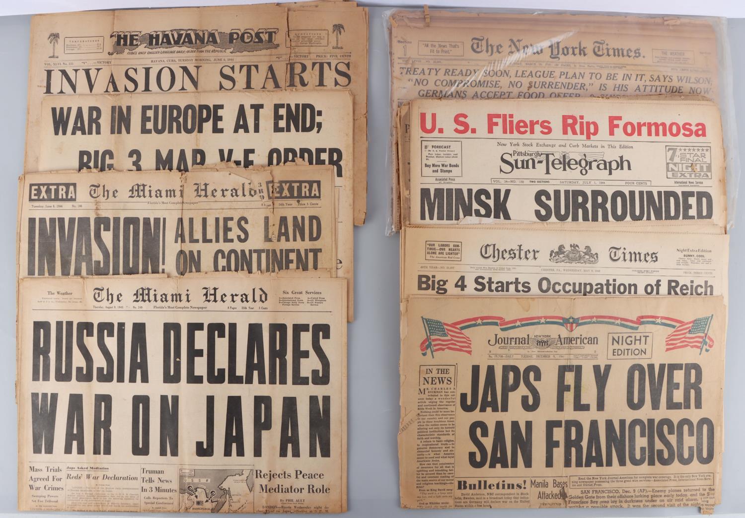 LOT OF 8 ORIGINAL WWII & WWI NEWSPAPERS