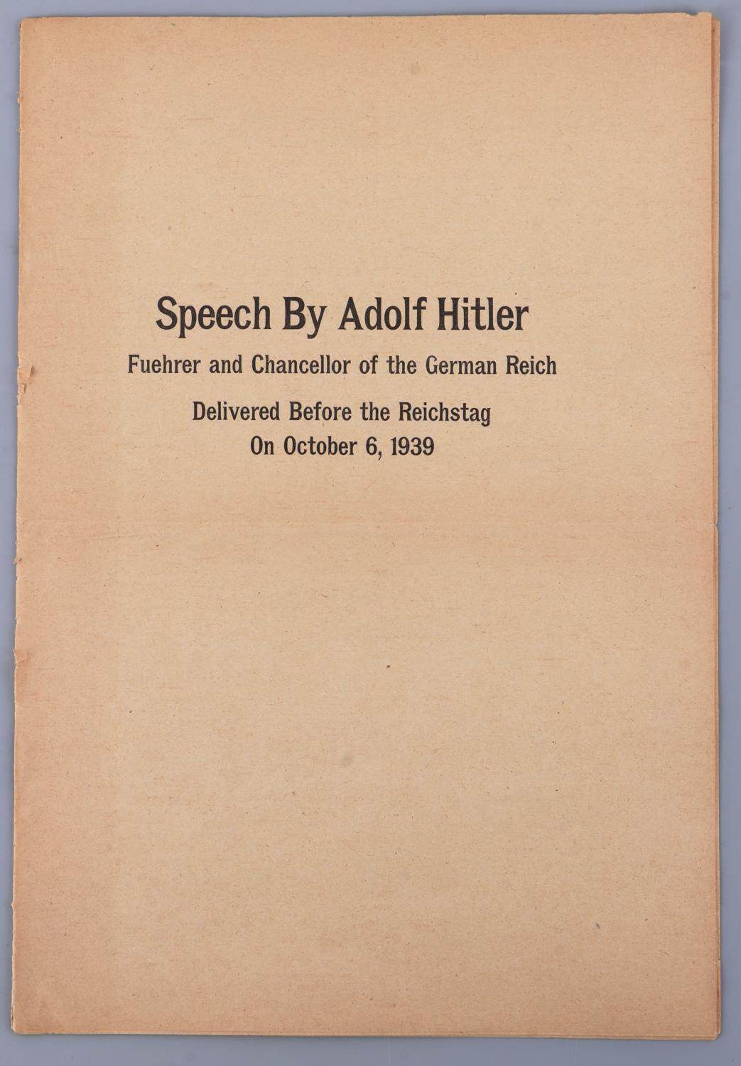 SPEECH BY ADOLF HITLER DELIVERED TO REICHSTAG 1939