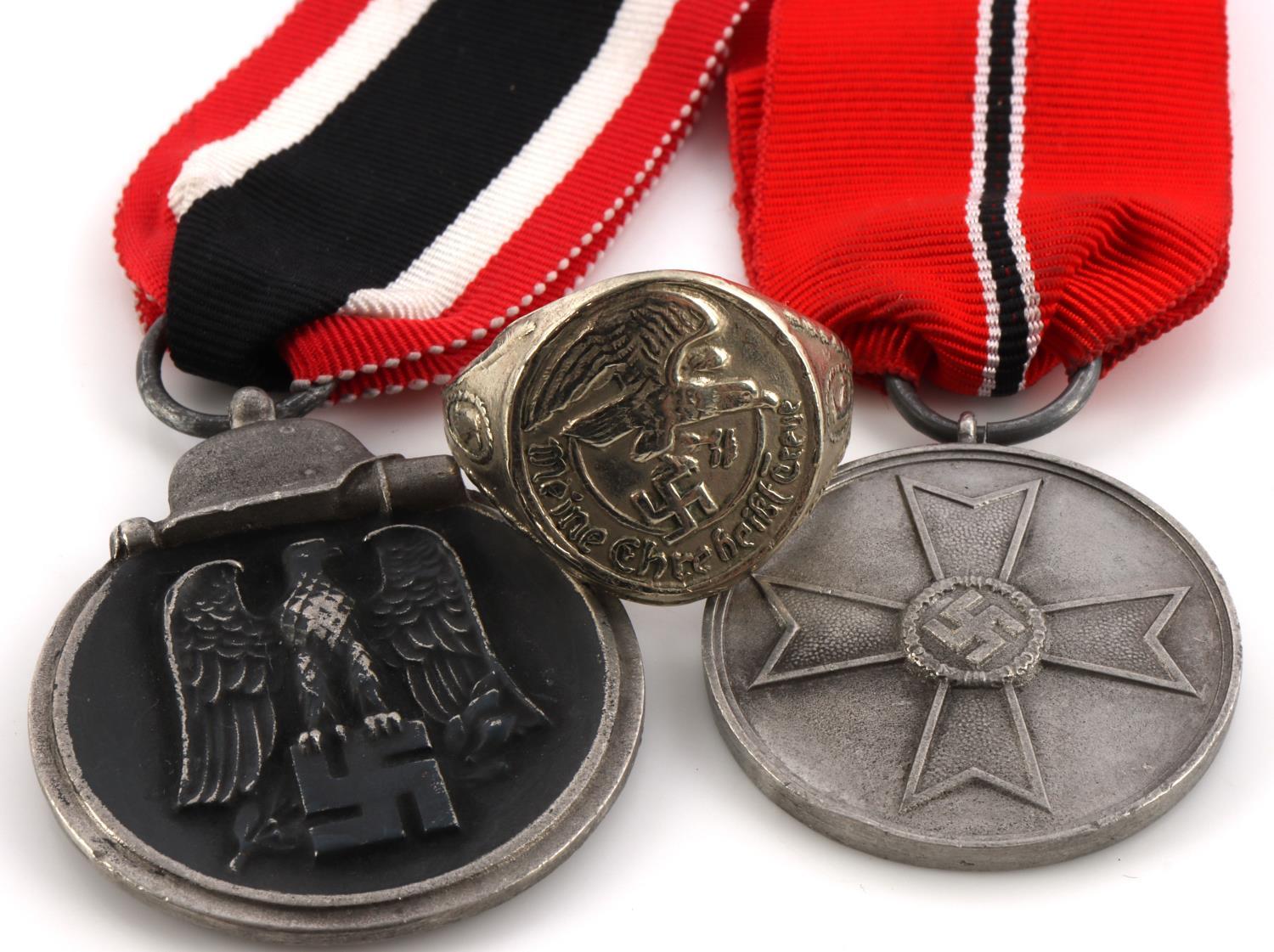 WWII GERMAN REICH HJ ARMBAND MEDALS & SS RING