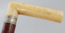 1872 DATED WALRUS TUSK GRIP WALKING STICK CANE