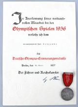 WWII 1936 OLYMPICS PARTICIPANT CERTIFICATE & MEDAL