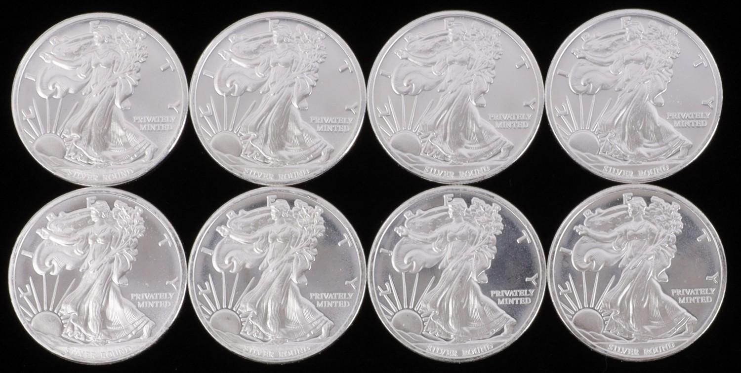 LOT OF 8 SILVER BULLION 1 OZT ROUNDS LIBERTY