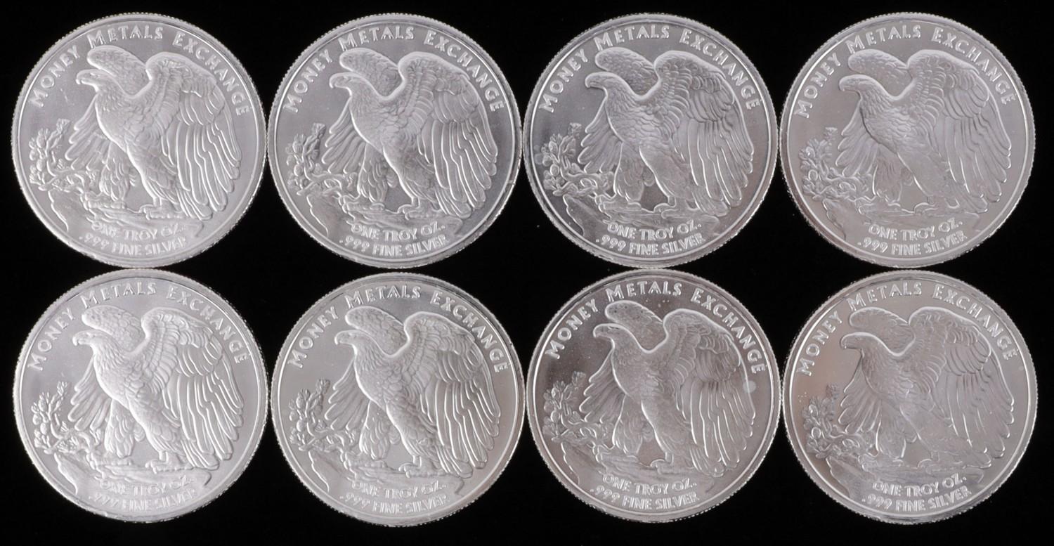 LOT OF 8 SILVER BULLION 1 OZT ROUNDS LIBERTY