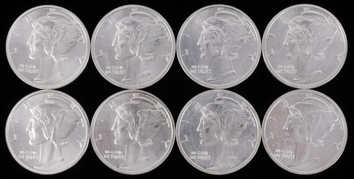 LOT OF 8 SILVER BULLION 1 OZT ROUNDS MERCURY DIME