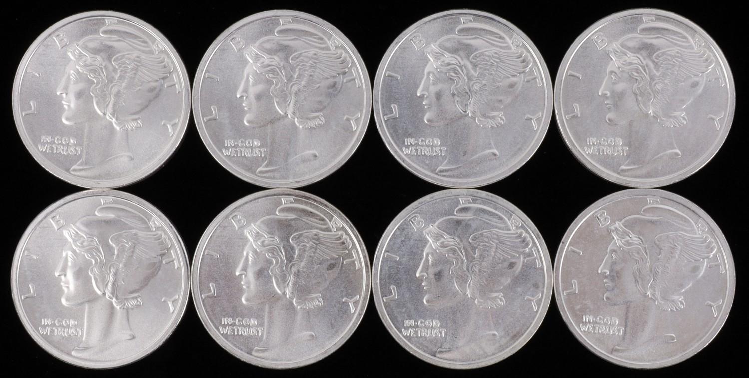 LOT OF 8 SILVER BULLION 1 OZT ROUNDS MERCURY DIME