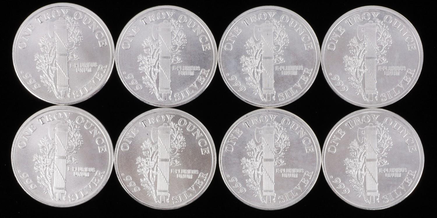 LOT OF 8 SILVER BULLION 1 OZT ROUNDS MERCURY DIME