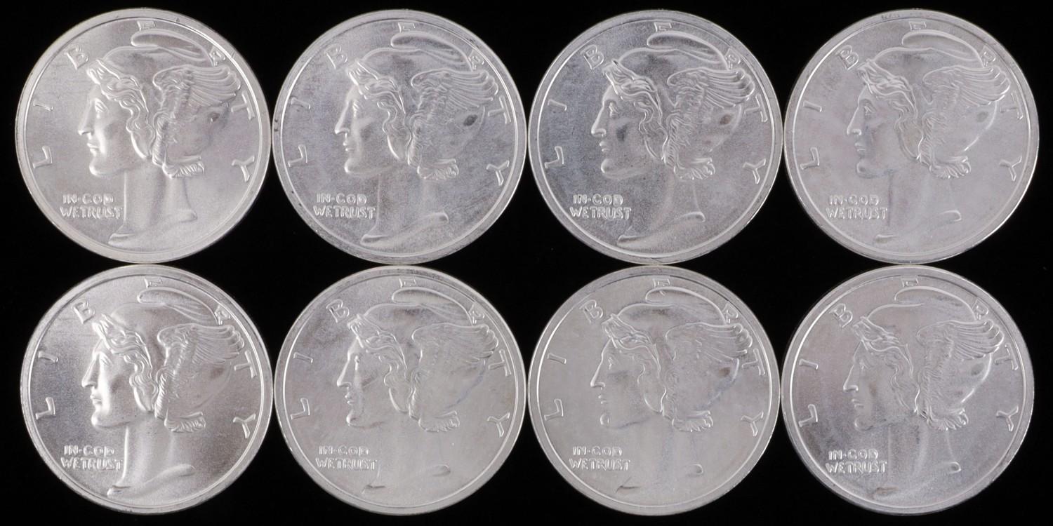 LOT OF 8 SILVER BULLION 1 OZT ROUNDS MERCURY DIME