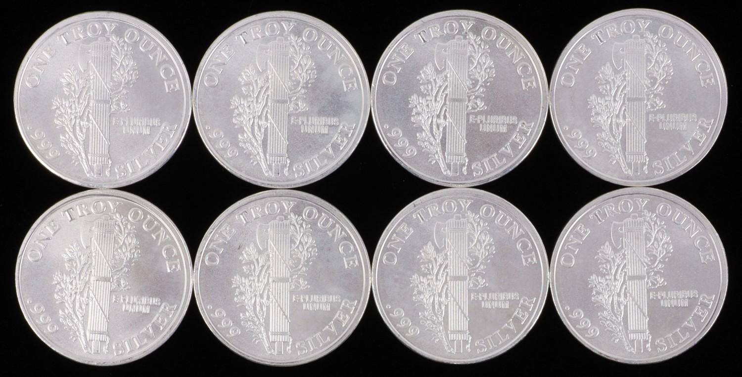 LOT OF 8 SILVER BULLION 1 OZT ROUNDS MERCURY DIME