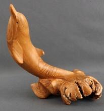 VINTAGE CARVED BIRCH BREACHING DOLPHIN SCULPTURE