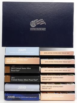 2008 TO 2019 U.S. MINT PROOF 12 SET LOT