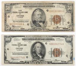 2 NATIONAL CURRENCY CHICAGO 1929 SERIES $50 & $100