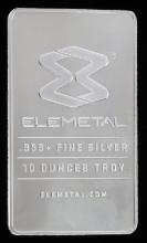 ELEMETAL 10 OZT OUNCE .999 FINE SILVER BAR INGOT