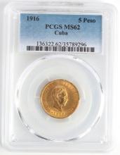1916 5 PESO CUBA GOLD COIN PCGS MS62