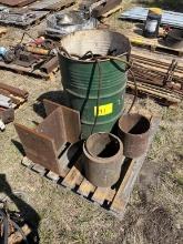 PALLET OF SCRAP STEEL & BARREL OF CORDS/WIRE