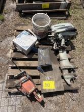 PALLET OF SUZUKI 4HP OUTBOARD, CHAINSAW, MISC