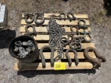 PALLET OF SHACKLES, CHAINS, PULLEYS