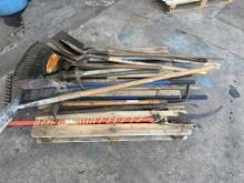 PALLET OF SHOVELS, RAKES, HAND TOOLS