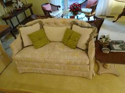 Loveseat w/ quilted fabric plus pillows. 52"L x 27"D x 28" H. Very good condition.