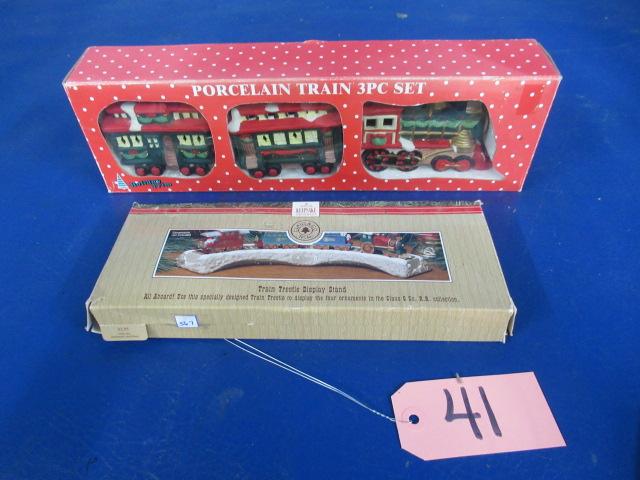 3 PCS. PORCELAIN TRAIN SET AND HALLMARK KEEPSAKE ORNAMENT