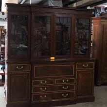 NICE HINKLE HARRIS MAHOGANY CHINA HUTCH- FOLDS DOWN FRONT FOR SECRETARY  - HAS GLASS SHELVES
