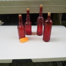 4 RED GLASS BOTTLES
