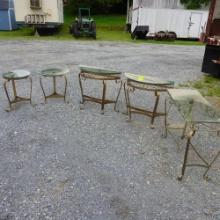 5 METAL TABLES W/ GLASS TOPS IN VARIOUS SIZES
